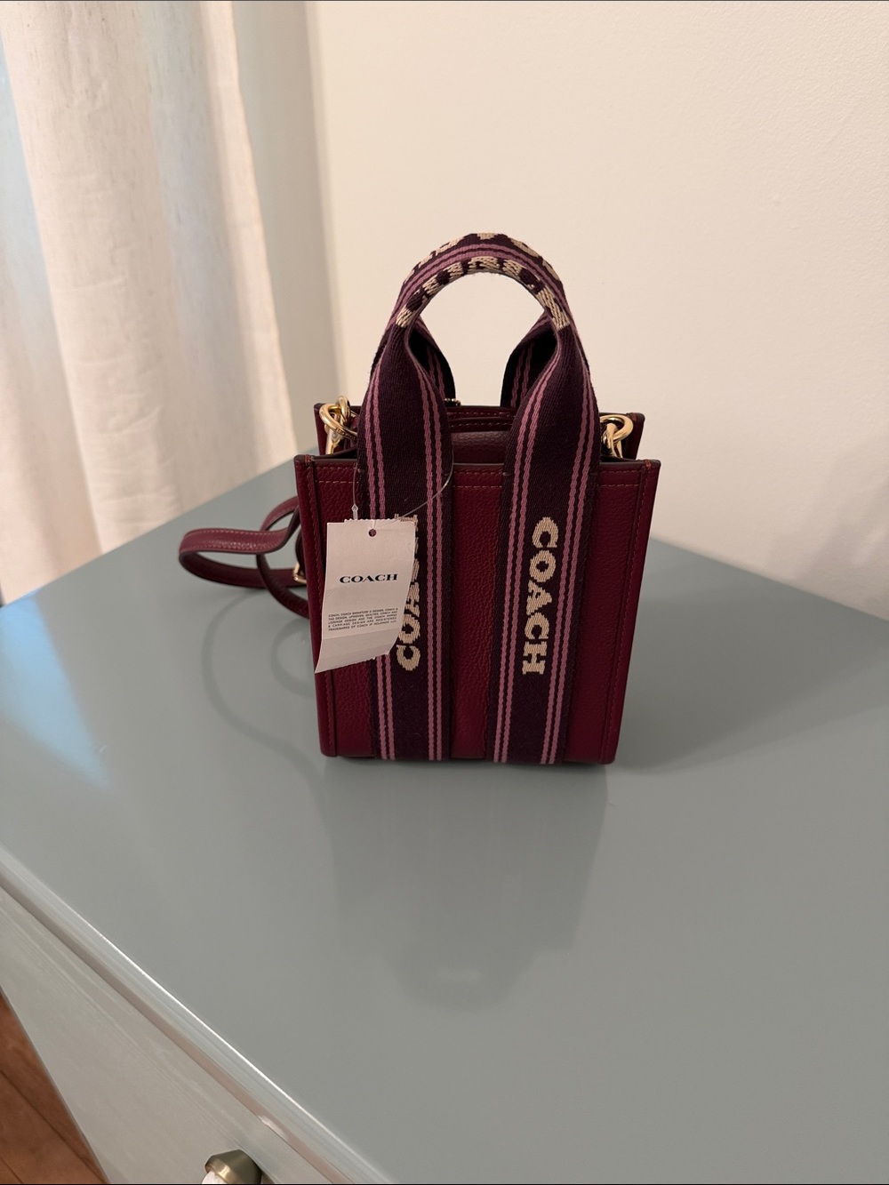 Coach Mini Tote in Burgundy with Pink-Trim Logo Straps